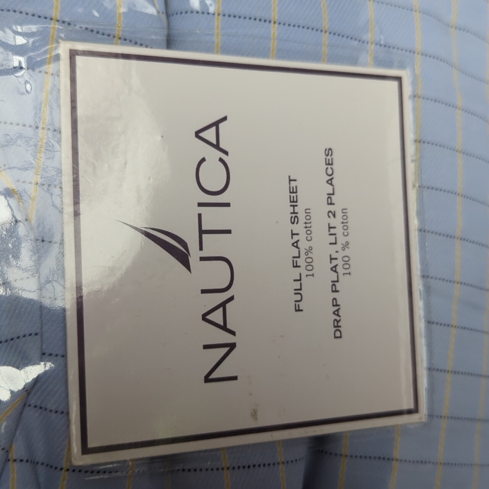 Nautica Full Flat Sheet 100% Cotton Windowpane Design in Blue and Yellow NEW